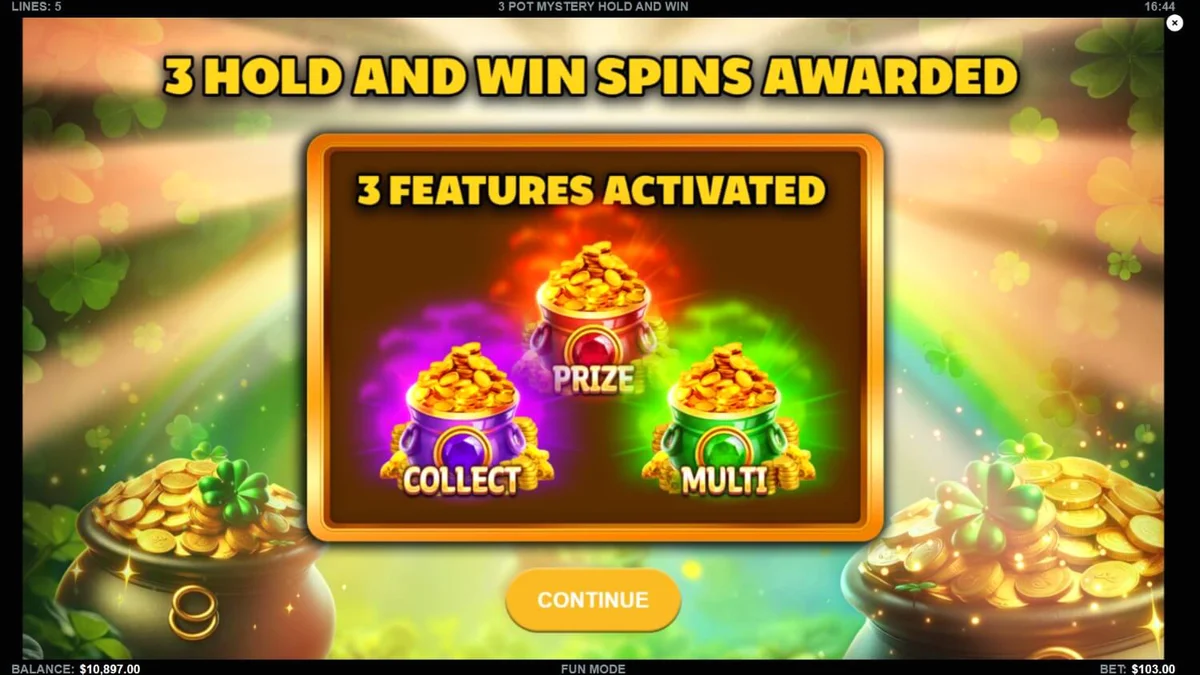 Tampilan visual slot 3 Pot Mystery Hold and Win dengan tema emas dan permata